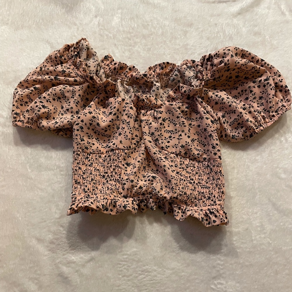 Pink ruffle off the shoulder floral shirt